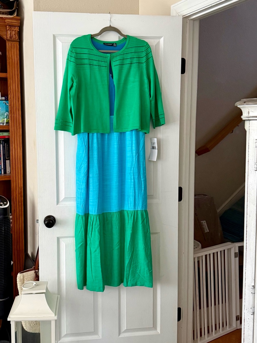Women’s Blue and Green Maxi Dress with Green Cropped Cardigan